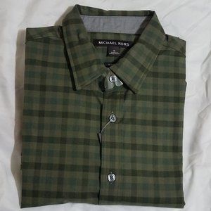 Michael Kors Olive Green Plaid Prin Cotton Long Sleeve Shirt Medium NEW